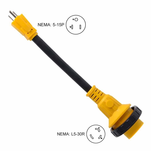 RV Adapters 15 Amp Male to 30 Amp Twist lock, 12" 10AWG/3 Cord