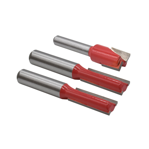 Router Bit Set Includes 1/4" x 1/2" , 1/2" x 1/2" x 1-1/2", 1/2" x 2-1/2". 
